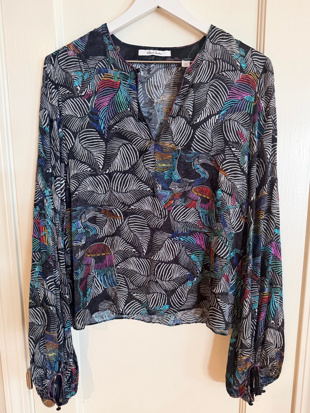 Robert Graham Elizabeth Black Sheer V-Neck Printed Long Sleeve Blouse